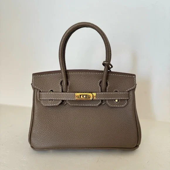 *NO STRAP | Taupe Mini 20 Leather Top Handle w/ Gold Structured Satchel Bag C3 - Picture 5 of 17